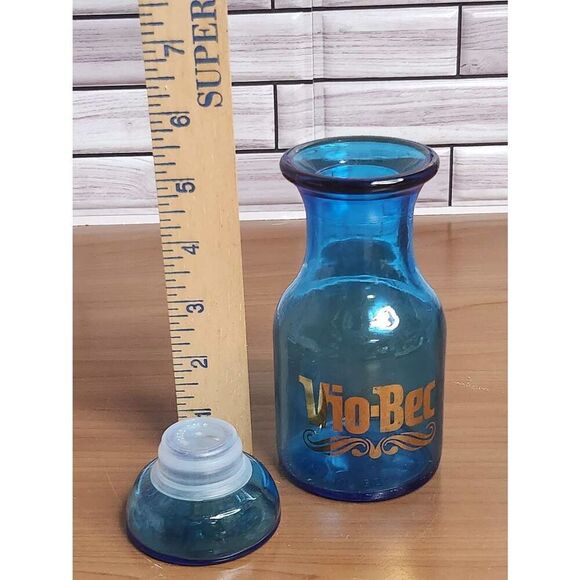 Vintage Turquoise Glass Belgium Jar Blue Apothecary VIO-BEC Bottle With Lid Made - Picture 6 of 7